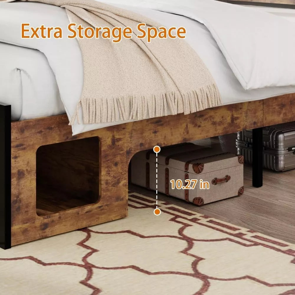 Queen Bed Frame with Upholstered Headboard, Storage, Charging Station & LED - DSARD