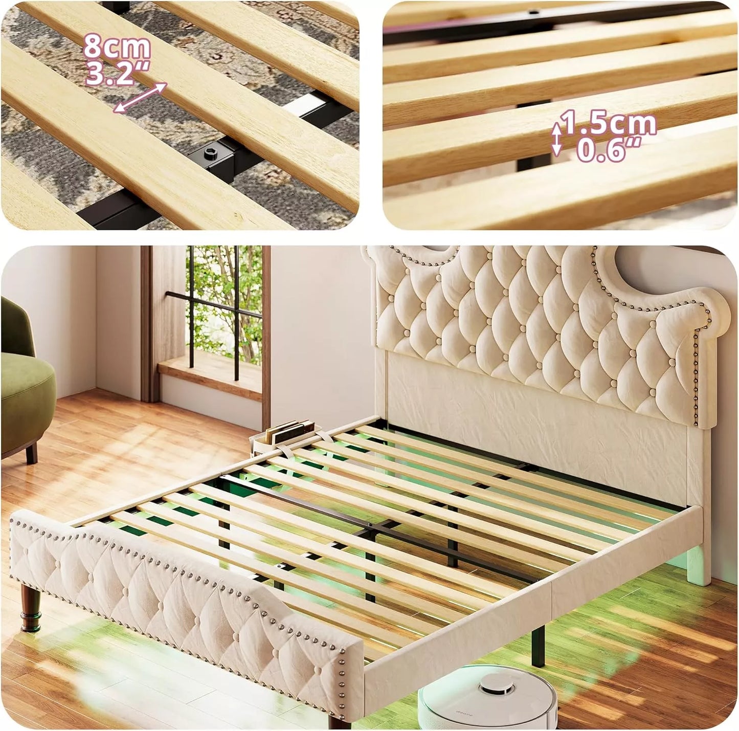 Queen Size LED Bed Frame with Tall Tufted Headboard - DSARD