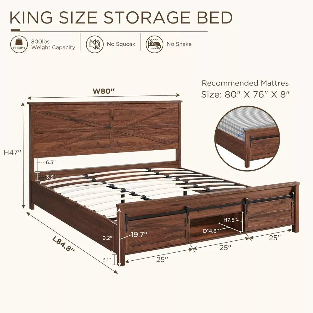 King Size Farmhouse Bed Frame with Sliding Barn Door Storage - DSARD