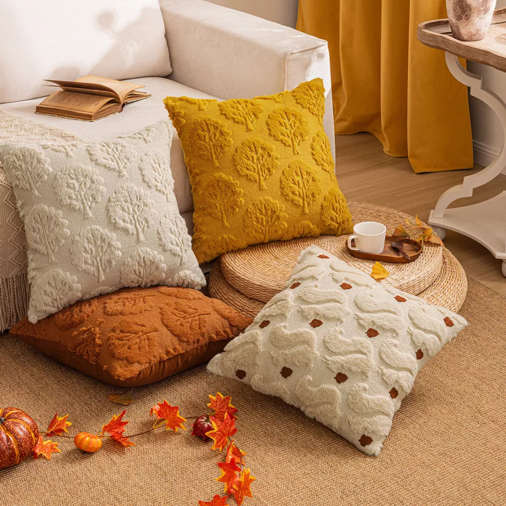 Fall Leaf & Squirrel Embroidered Plush Pillow Cover – Cozy Thanksgiving Décor