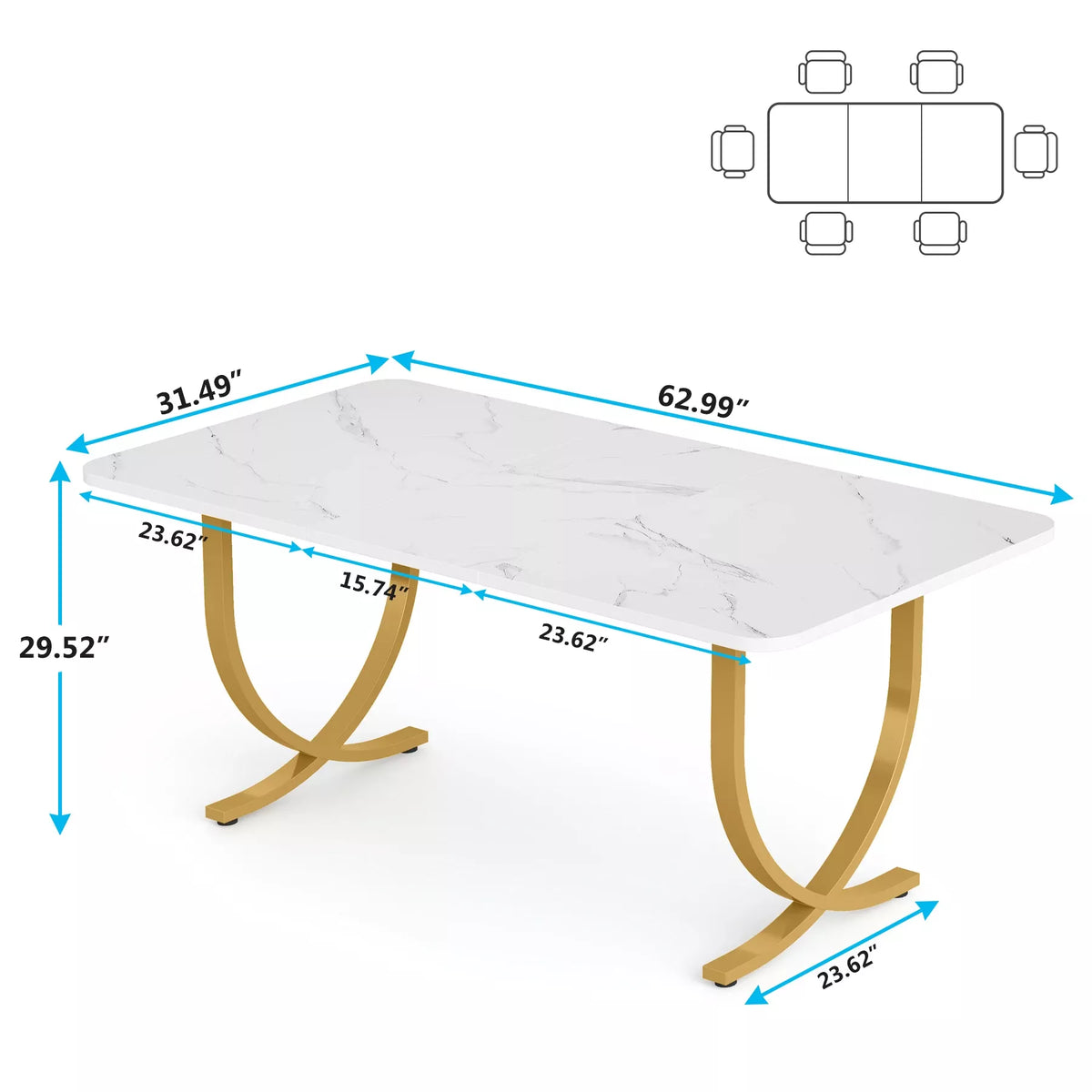 Modern 63″ Faux Marble Dining Table with Gold Legs – Seats 4 to 6 - DSARD