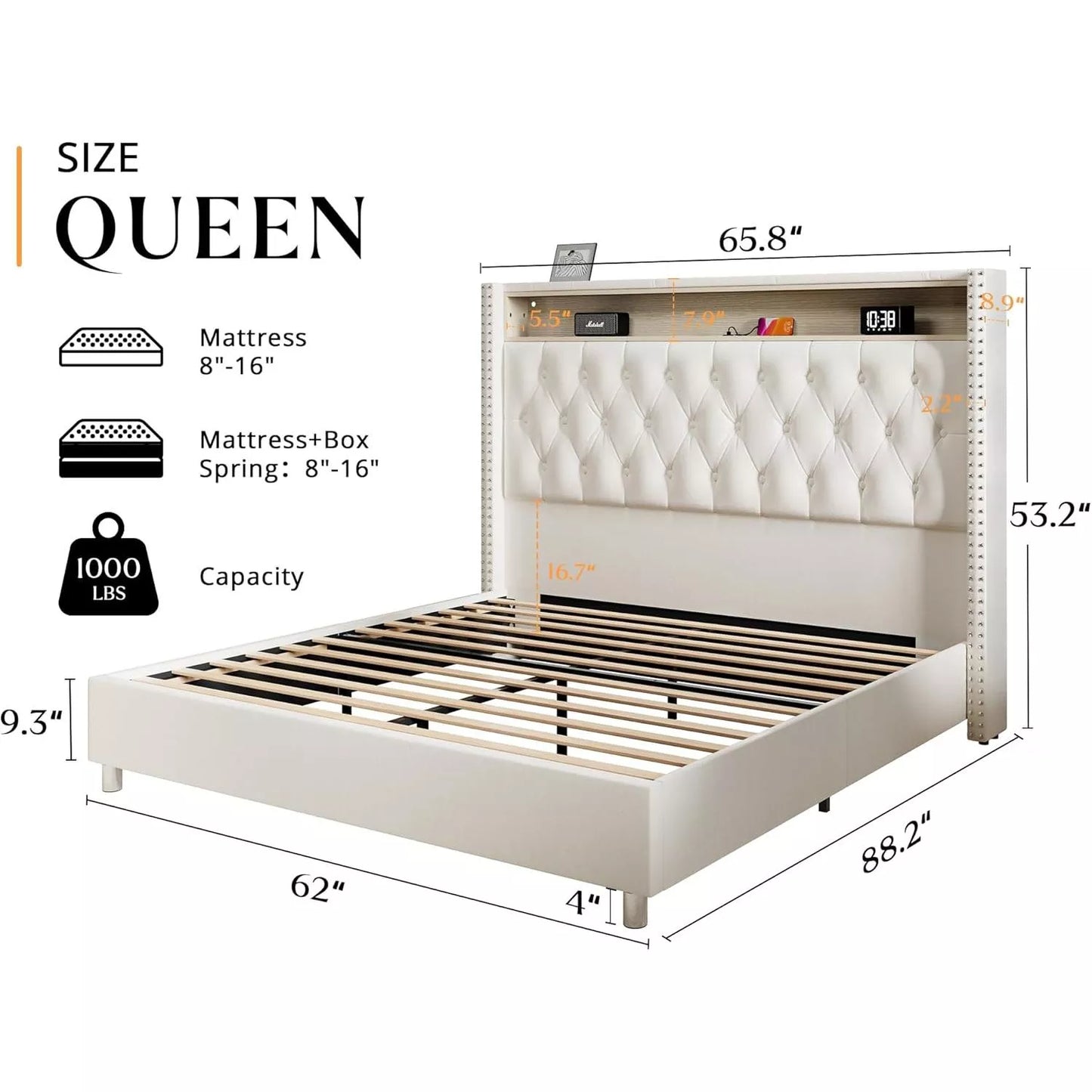 Queen Bed Frame with LED Lights, USB Charging, Storage Headboard, No Box Spring - DSARD