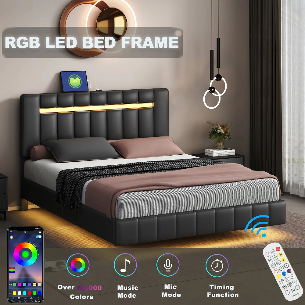Queen Size LED Upholstered Platform Bed Frame with USB Charging - DSARD