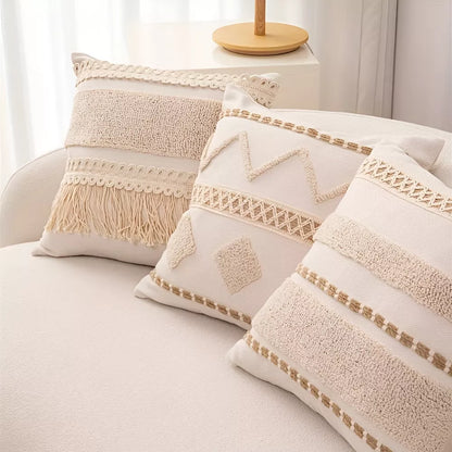 Bohemian Woven Circle Pillow Cover 18×18 Inch Cotton Linen Embroidered Cushion