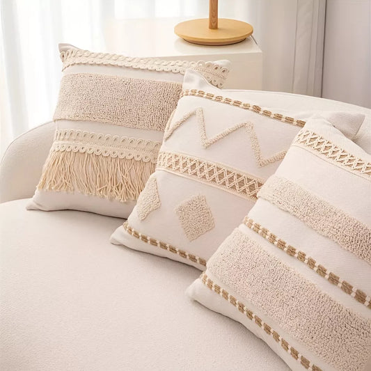 Bohemian Woven Circle Pillow Cover 18×18 Inch Cotton Linen Embroidered Cushion