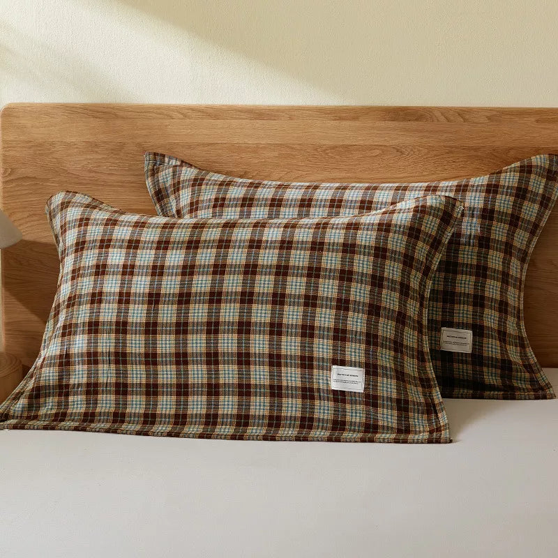 Soft Gauze Cotton Plaid Pillow Towels with Elastic Band, 2-Pack