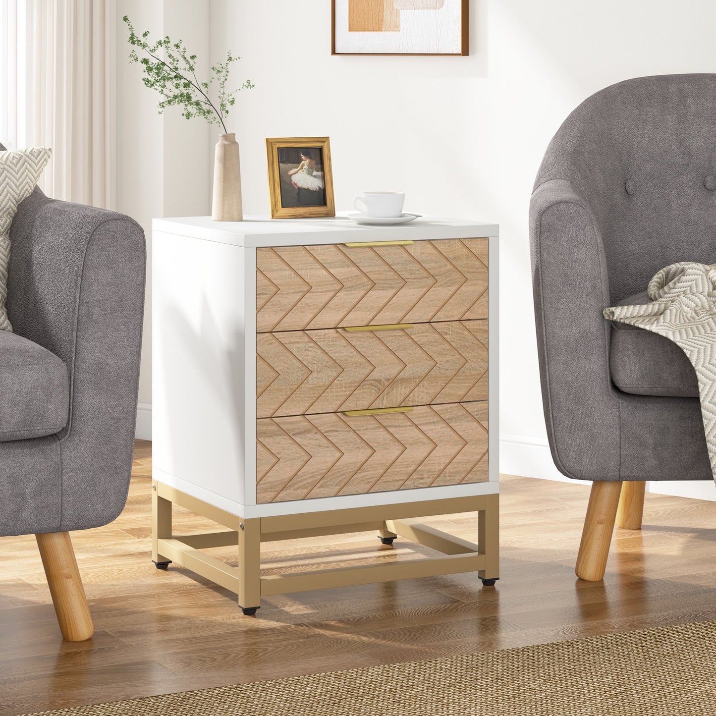 Set of 2 Modern 3-Drawer Premium Nightstands with Chevron Design, White Bedside Tables