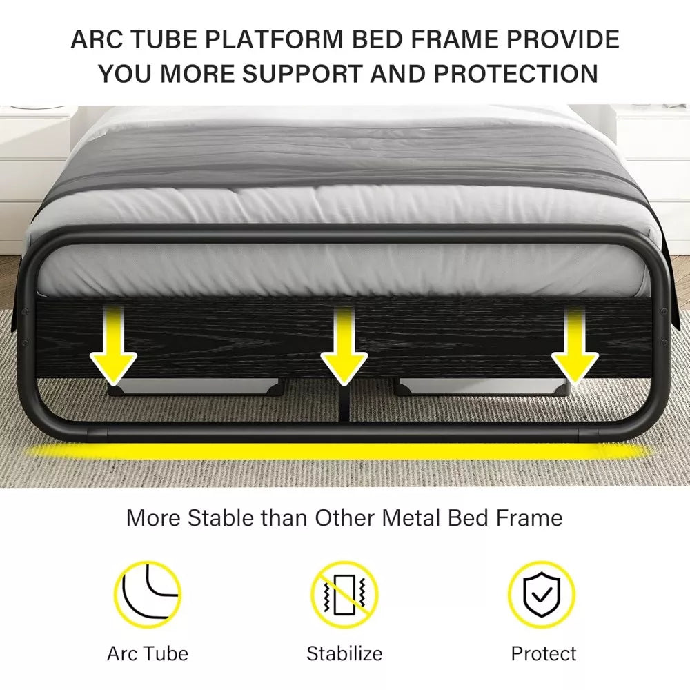 Full Size Metal Bed Frame with Wood Headboard, LED & Storage