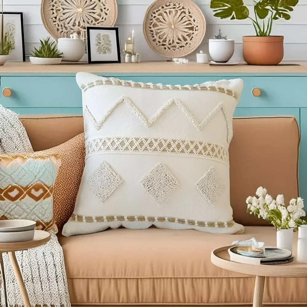 Bohemian Woven Circle Pillow Cover 18×18 Inch Cotton Linen Embroidered Cushion
