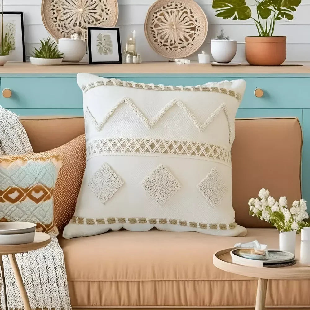 Bohemian Woven Circle Pillow Cover 18×18 Inch Cotton Linen Embroidered Cushion - DSARD