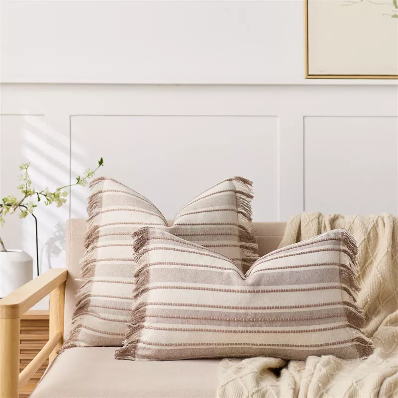 Striped Jacquard Tassel Pillow Cover – Cozy Cotton Blend Cushion for Home Décor