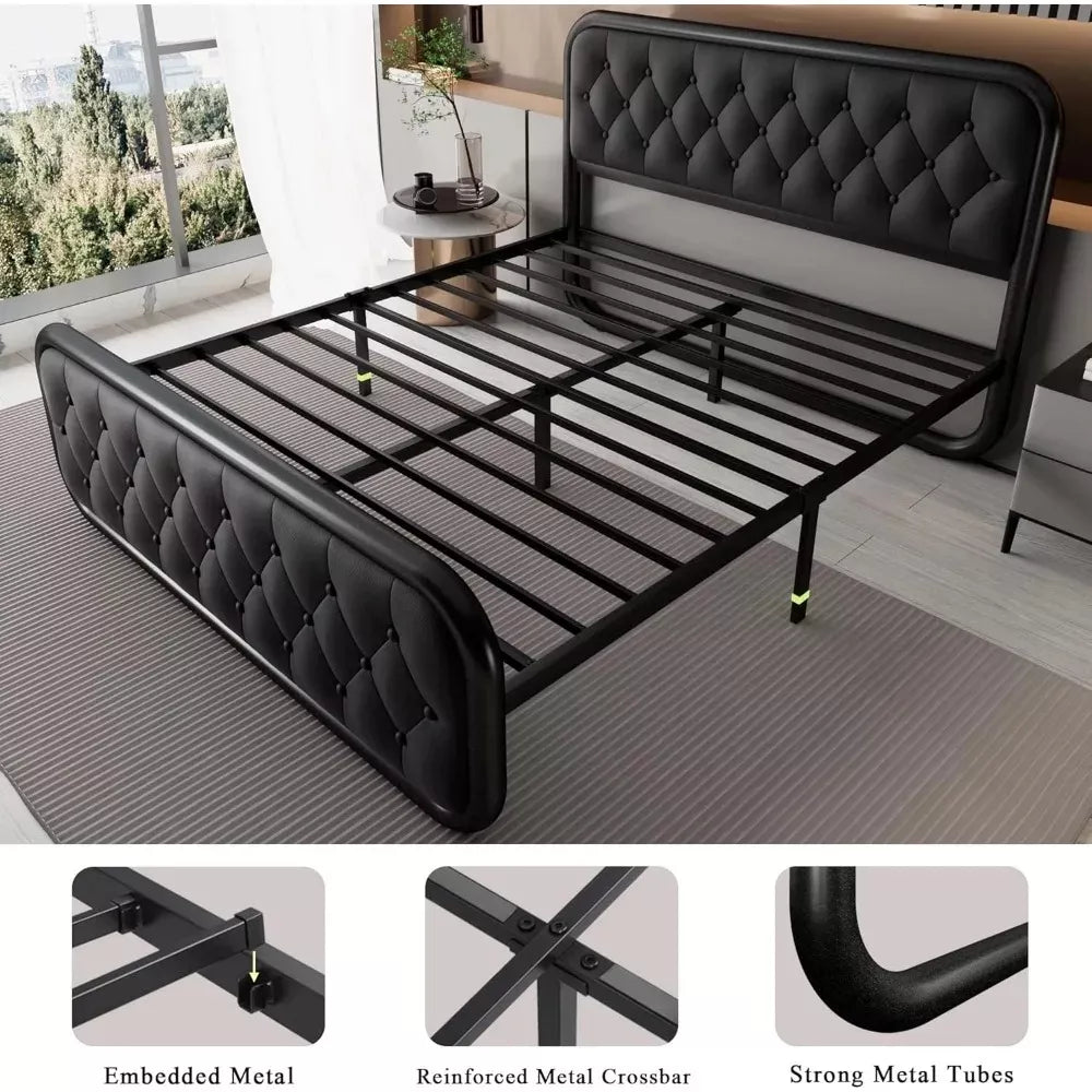 Queen Size Upholstered Bed Frame with Faux Leather Headboard - DSARD