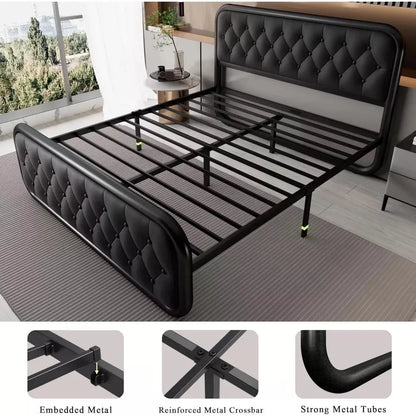 Queen Size Upholstered Bed Frame with Faux Leather Headboard - DSARD