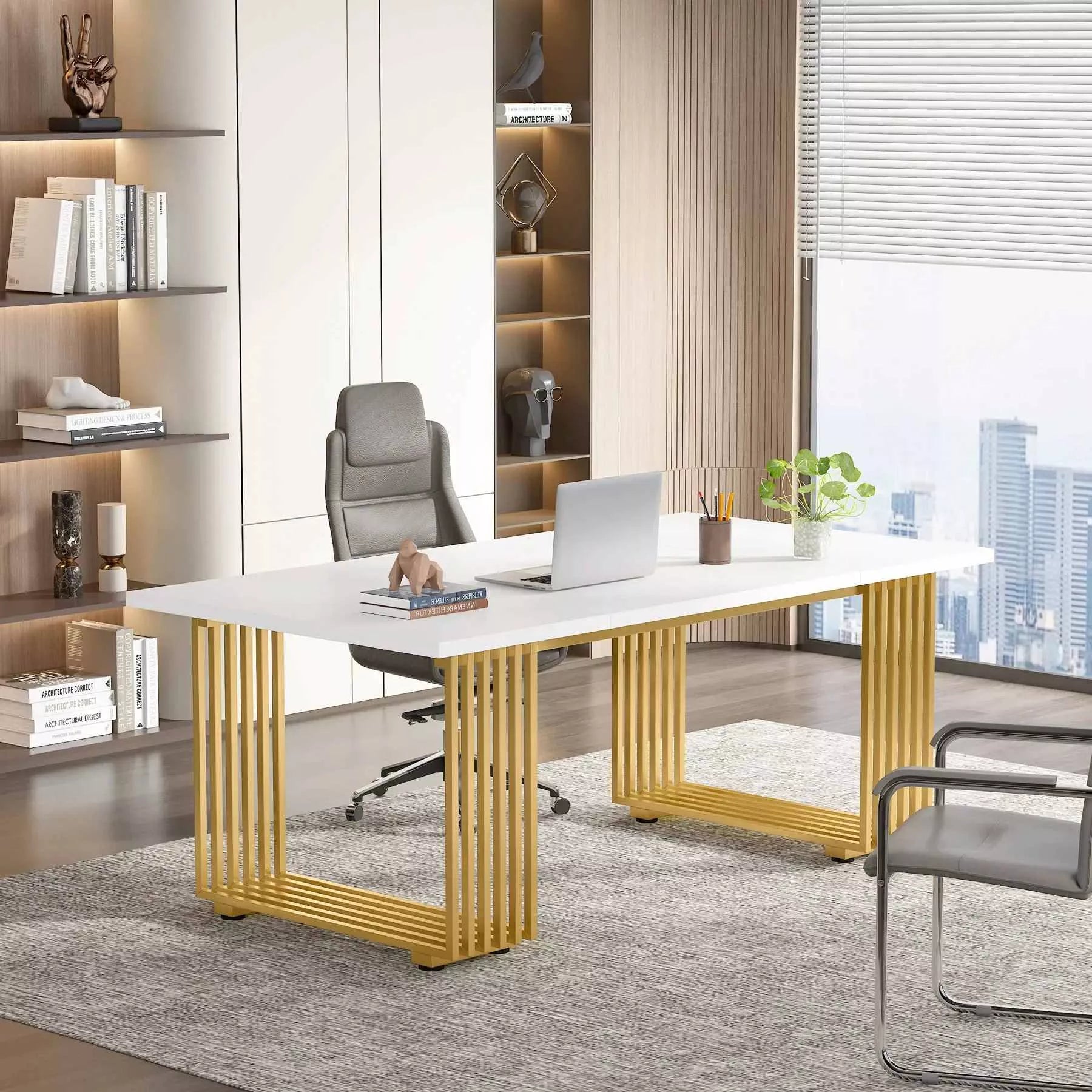 Modern White and Gold Office Desk with Metal Legs - DSARD
