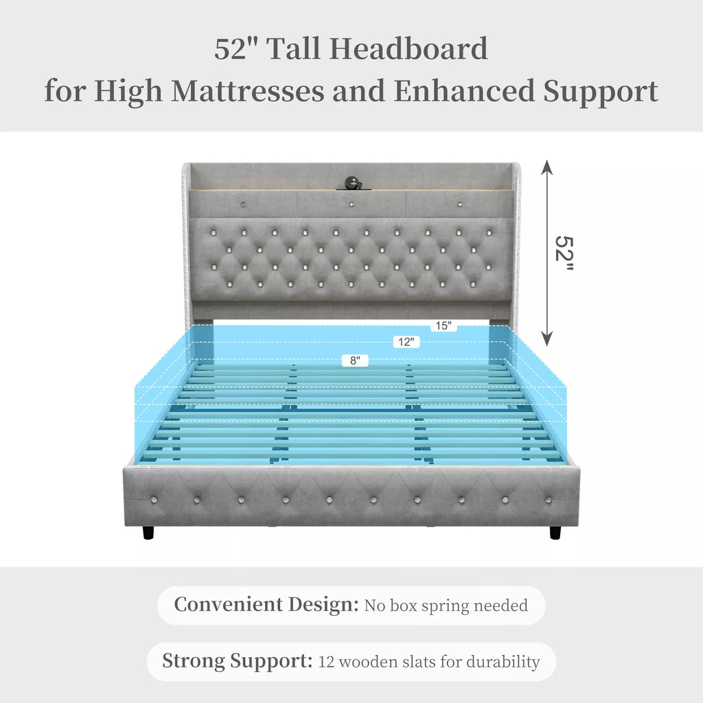 Queen LED Bed with Star Projector, Charging Station & Storage Headboard