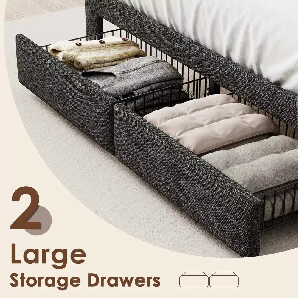 LED Upholstered Queen Bed Frame with Headboard, Storage Drawers & Charging Ports - DSARD