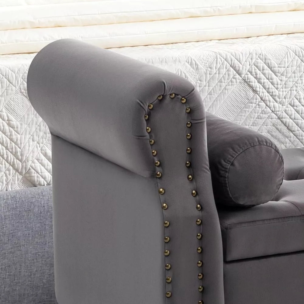 King Size Velvet Storage Bench with Tufted Upholstery and Pillows – 67” End of Bed Ottoman - DSARD