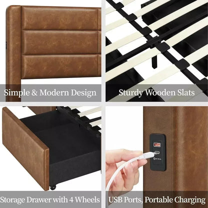 Queen Bed Frame with Storage Drawers & USB Ports, Leather Headboard, 86″x63.5″ - DSARD