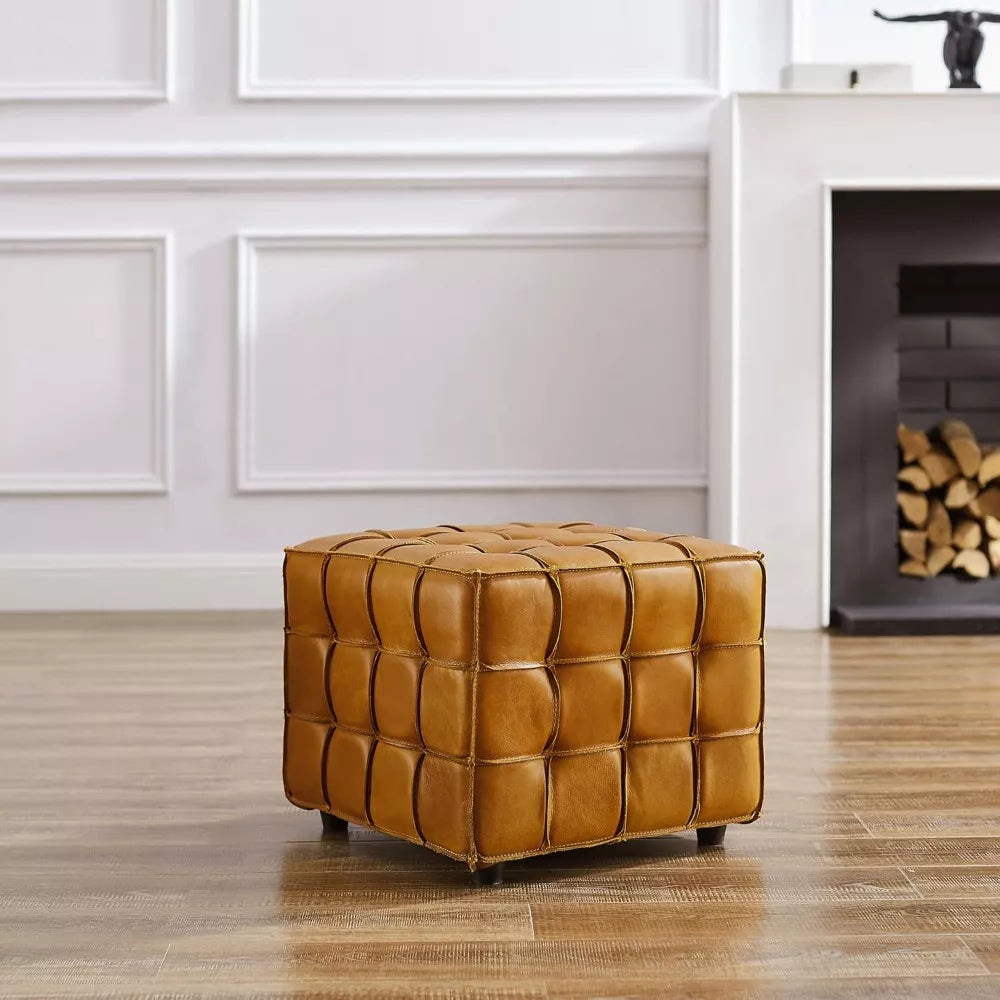 Genuine Leather Square Ottoman Footstool – Modern Tufted Yellow Brown - DSARD