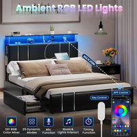 Queen Bed Frame with Storage, Bookcase Headboard, Charging Station & LED Lights - DSARD