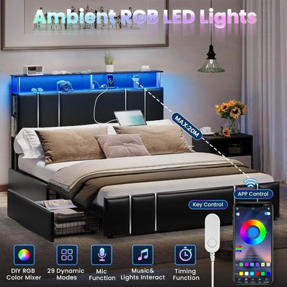 Queen Bed Frame with Storage, Bookcase Headboard, Charging Station & LED Lights - DSARD