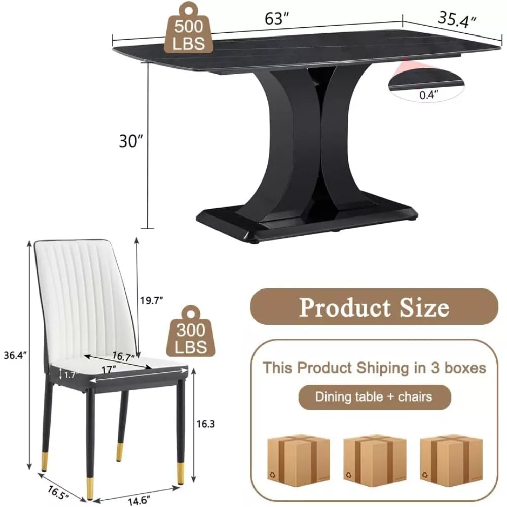 Modern Dining Table Set for 6 with Marble Top and Leather Chairs - DSARD