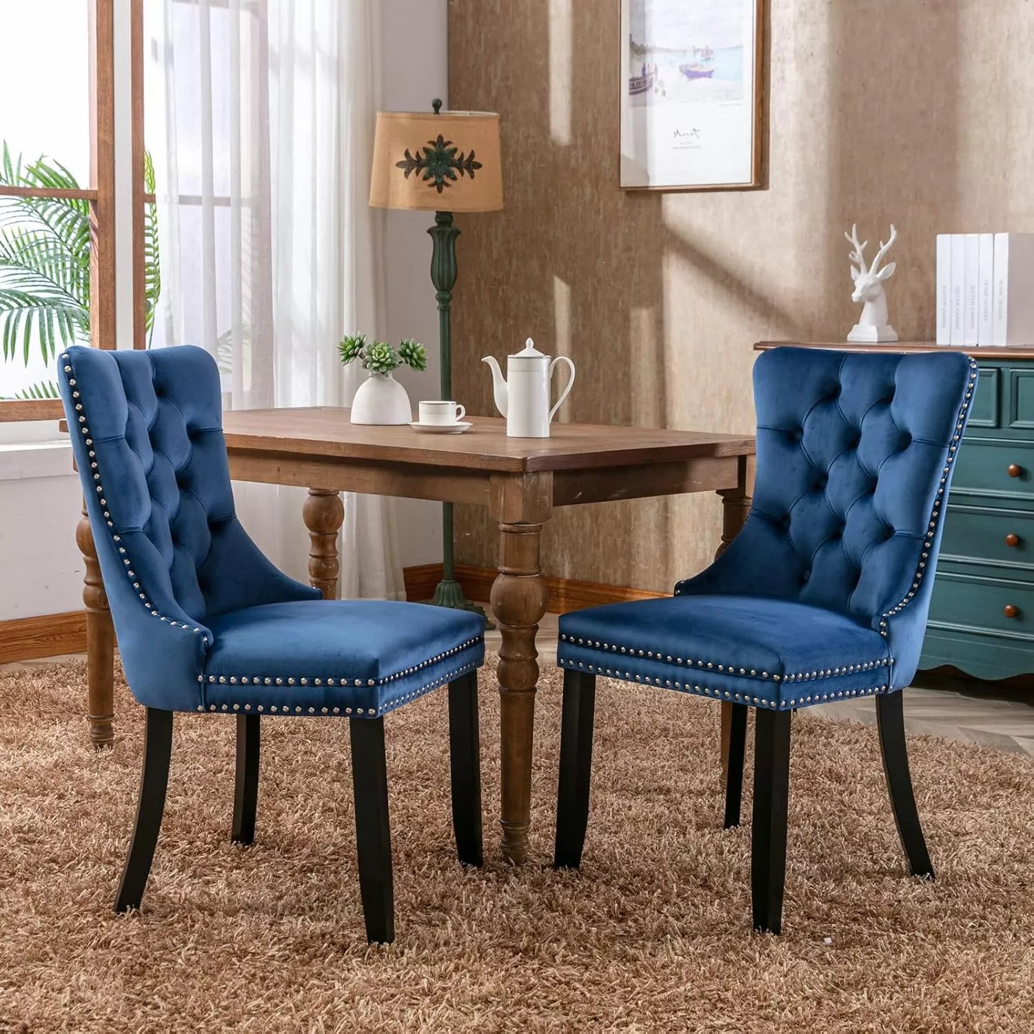Upholstered Dining Chairs Set of 2 with Nailhead Trim & Solid Wood Legs - DSARD