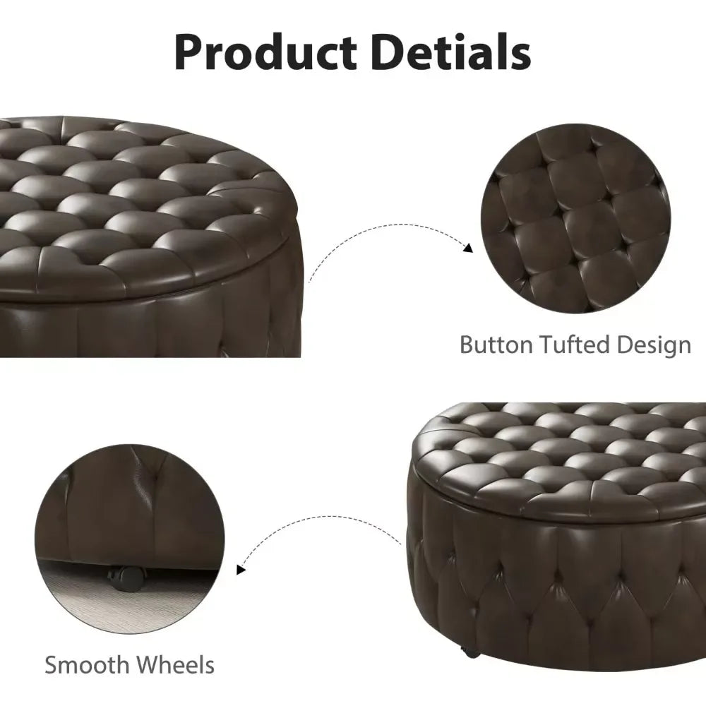 36″ Round Storage Ottoman with Wheels, Hidden Stools & Coffee Table Top - DSARD - DSARD