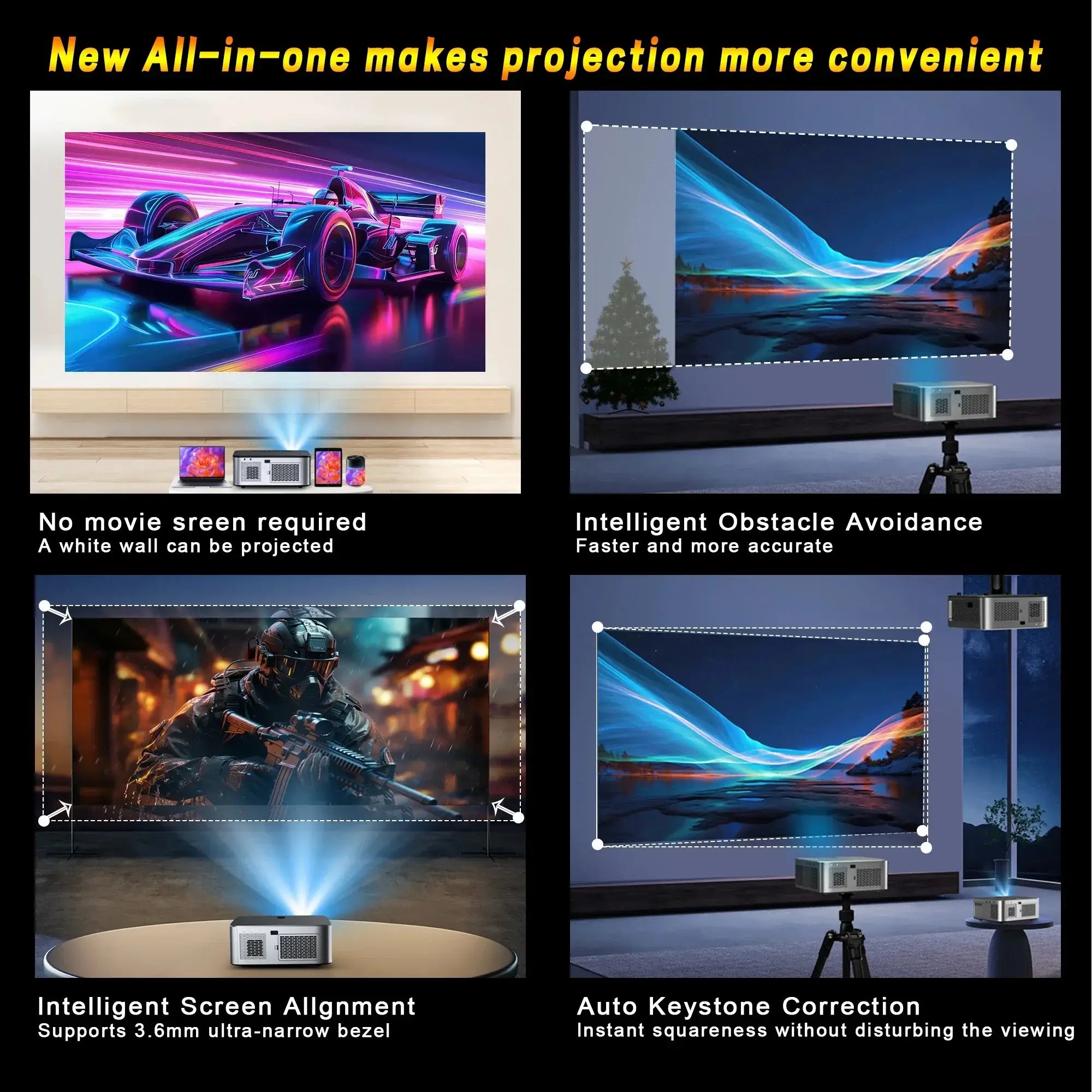 Smart 4K Outdoor Home Theater Projector with Auto Focus & 5G WiFi