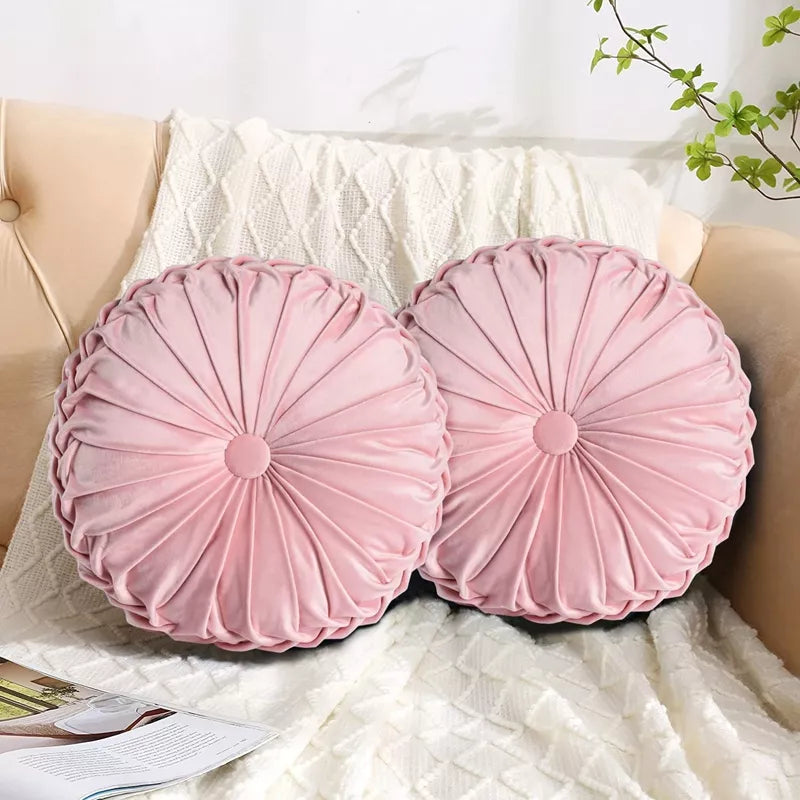 Set of 2 Velvet Round Pumpkin Cushions – Handcrafted Pleated Decorative Pillows