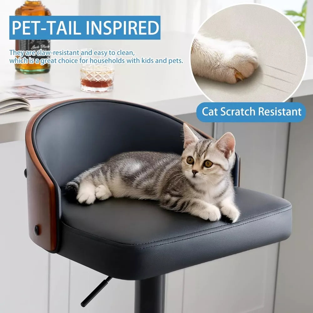 Set of 2 Adjustable Swivel Bar Stools, Cat Scratch Resistant Faux Leather, Wooden Backrest, Black Footrest - DSARD