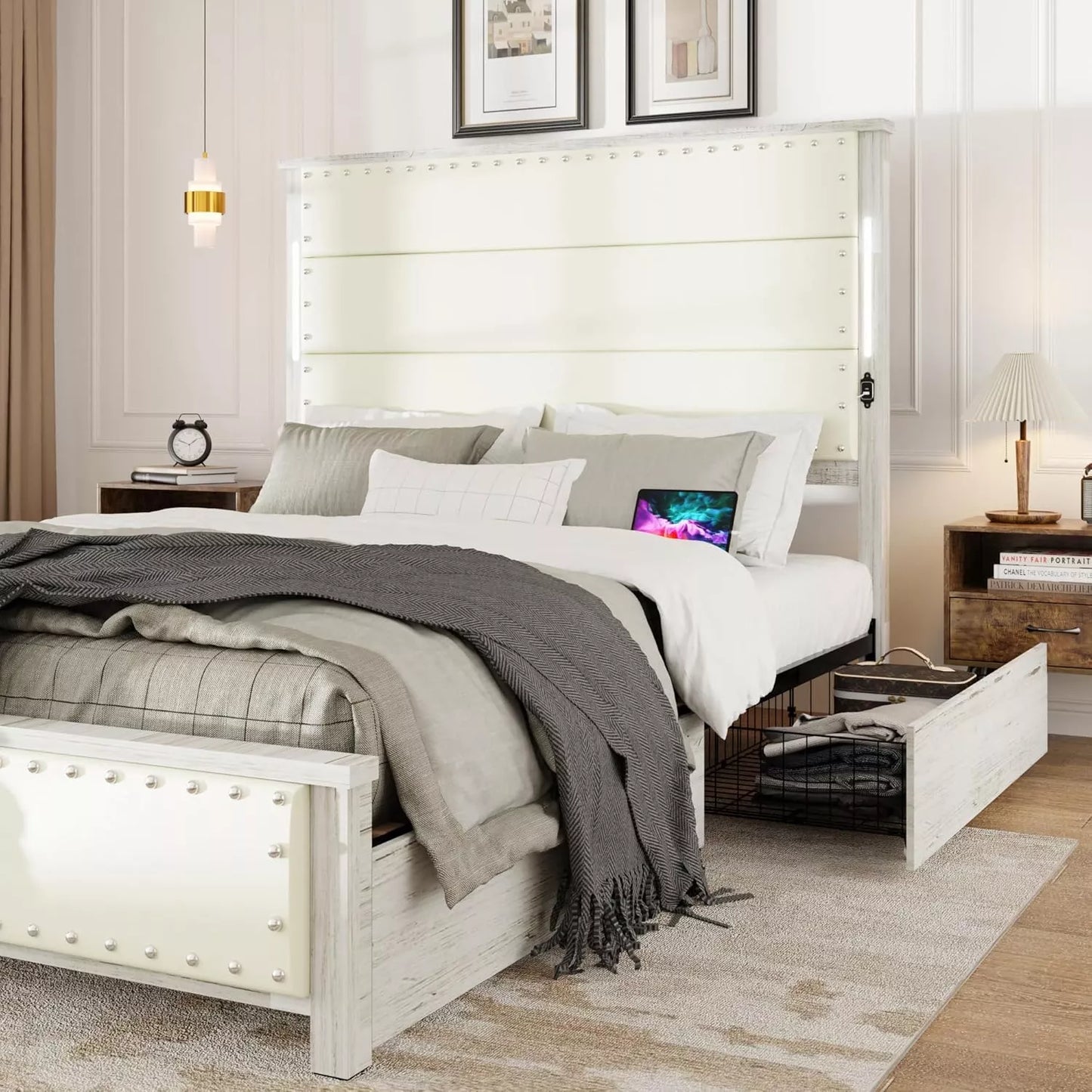 LED Bed Frame with Charging Station, Tall Headboard & 4 Storage Drawers - DSARD