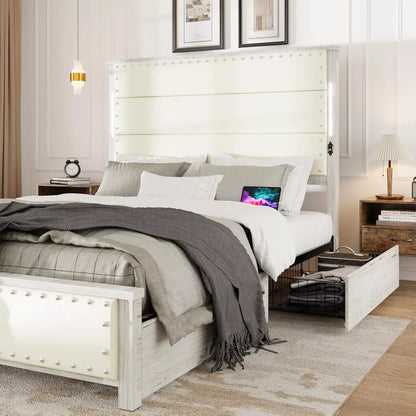 LED Bed Frame with Charging Station, Tall Headboard & 4 Storage Drawers - DSARD