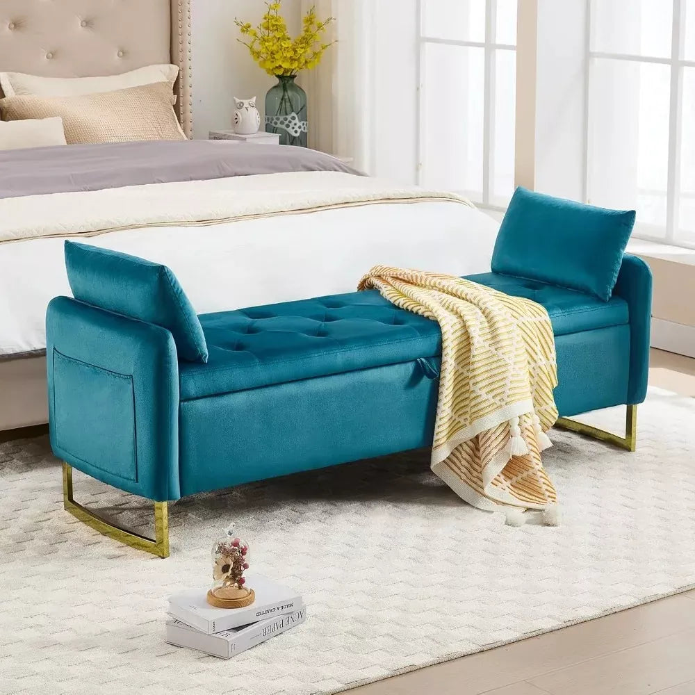 Velvet Storage Ottoman Bench with Armrests, 67″ Upholstered End of Bed Bench - DSARD
