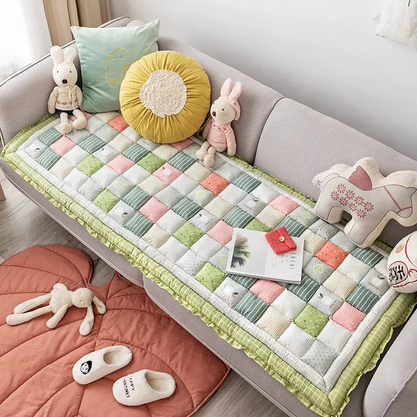 Thick Cotton Grid Patchwork Sofa Cushion & Anti-Slip Tatami Mat