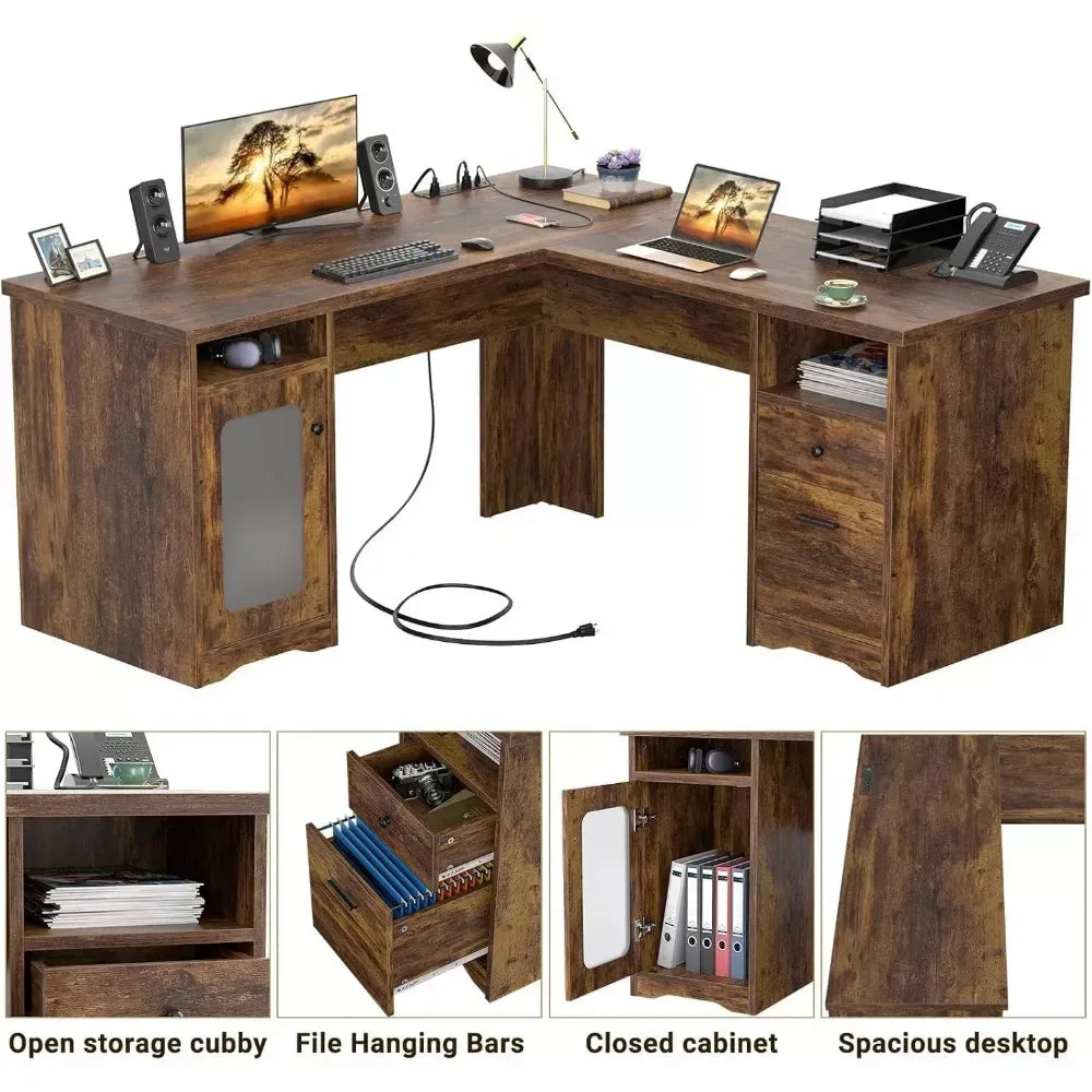 60-Inch L-Shaped Office Desk with Drawers, Power Outlet, and USB Charging Ports - DSARD