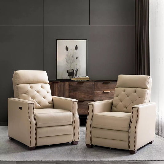 Genuine Leather Power Recliner Chair with USB, Tufted Nailhead Lounge Seat - DSARD