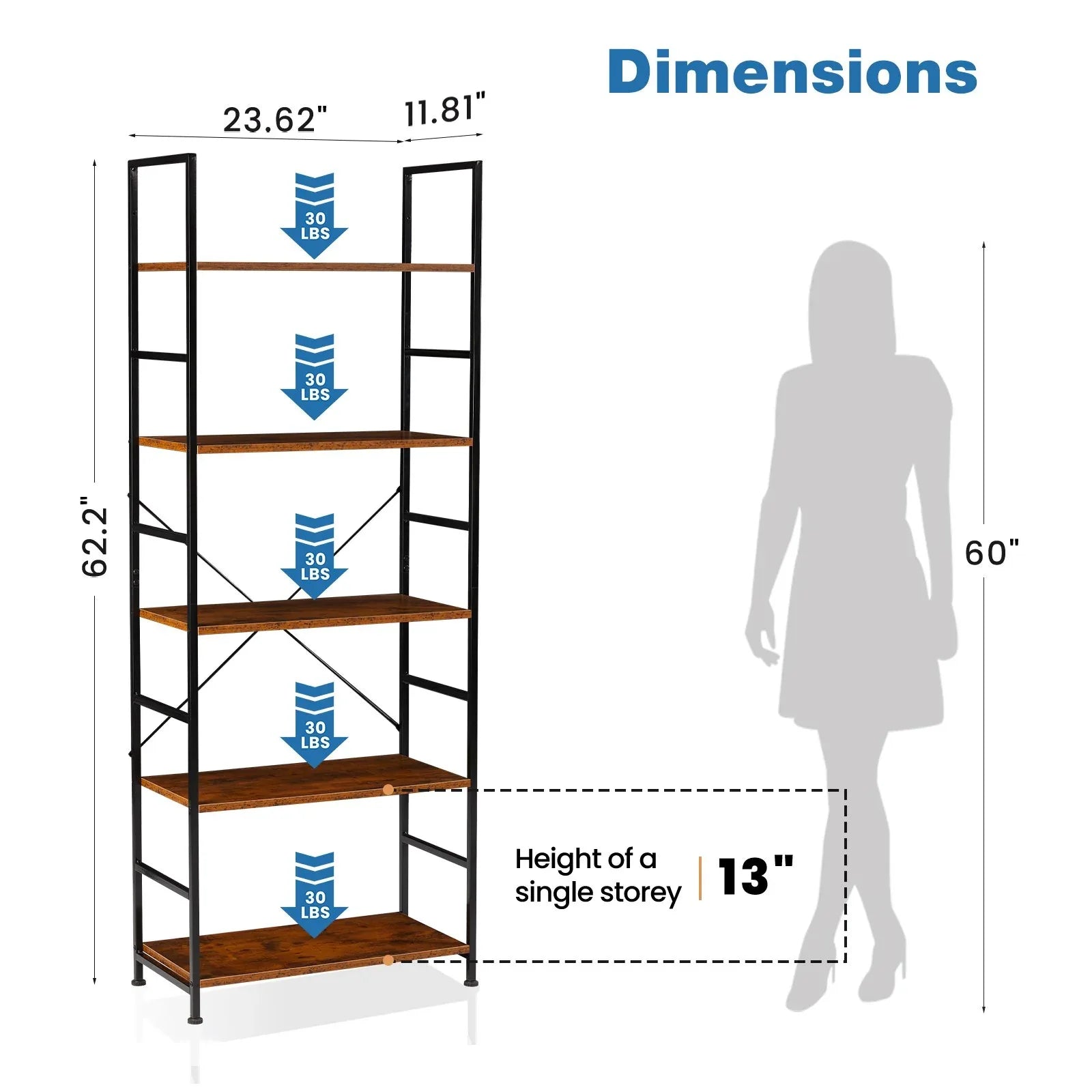 5 Tier Modern Bookshelf - Space-Saving Corner Storage Organizer for Home & Office - DSARD