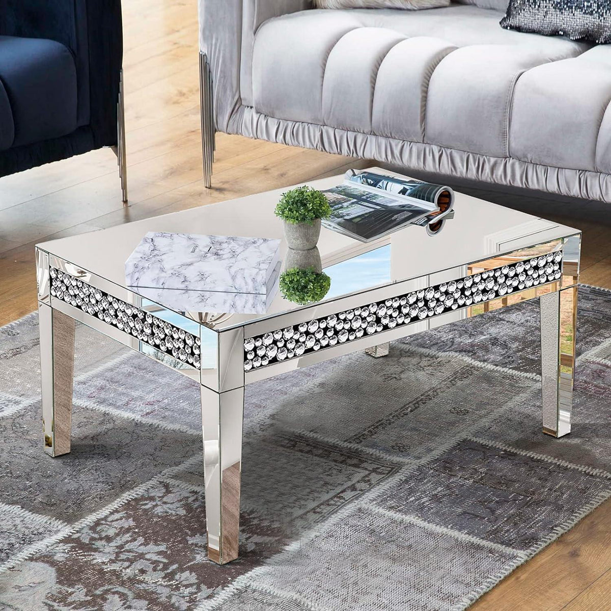 Luxury Rectangular Mirror Coffee Table with Crystal Inlay - DSARD