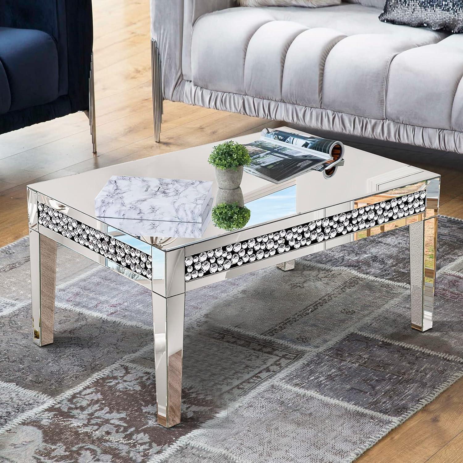 Rectangular Mirror Coffee Table with Crystal Inlay – Luxury Glam