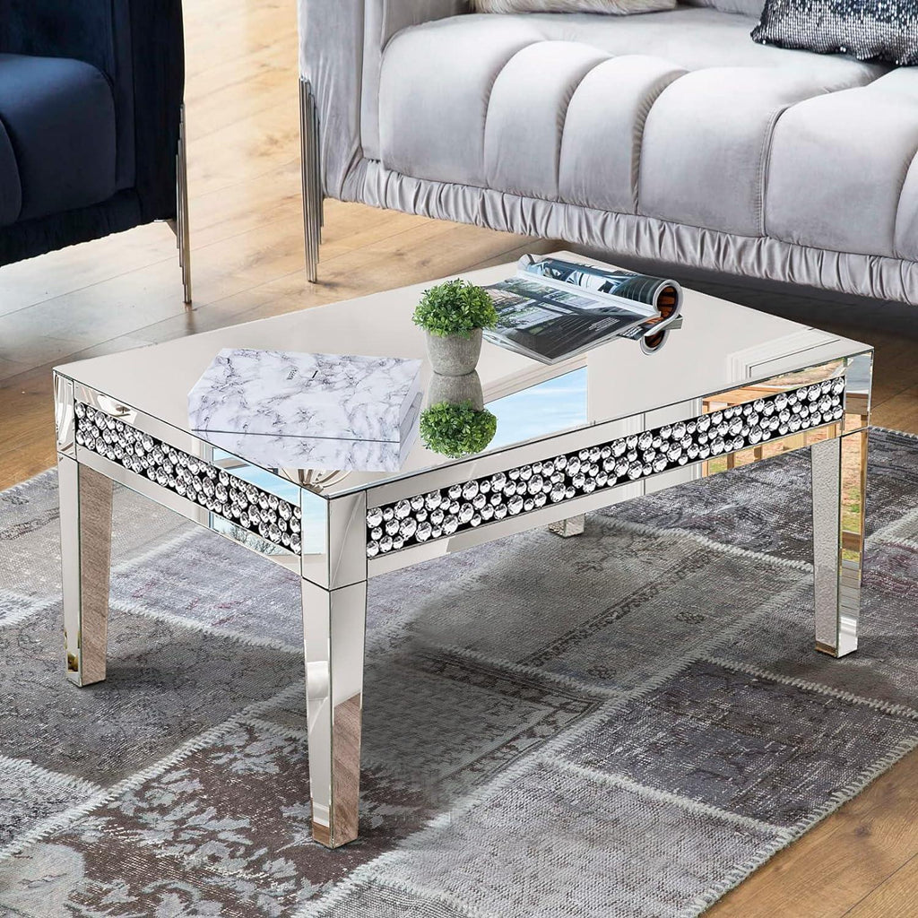 Rectangular Mirror Coffee Table with Crystal Inlay – Luxury Glam