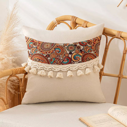 Boho Tassel Throw Pillow Cover 18×18 Inch – Retro Decorative Cushion Case
