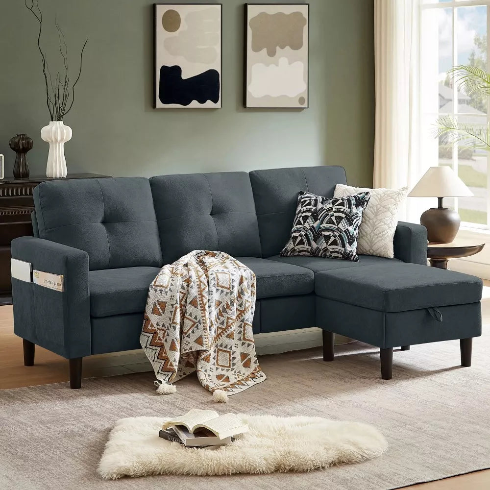 Modern 79″ L-Shaped Convertible Sectional Sofa with Storage Chaise, Linen Fabric - DSARD