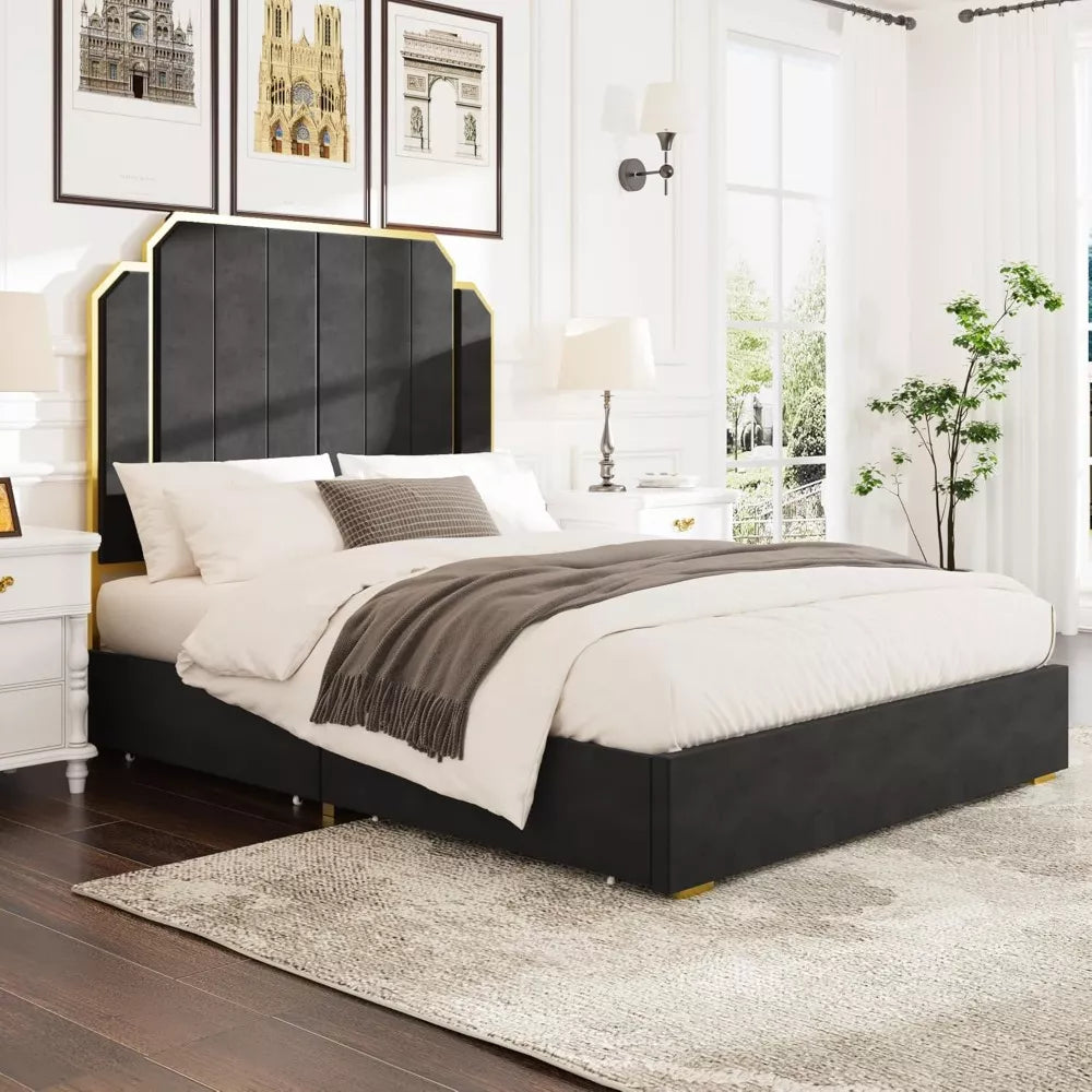 Queen Platform Bed Frame with 59″ Velvet High Headboard, Gold Accent & Storage - DSARD