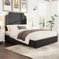 Queen Platform Bed Frame with 59″ Velvet High Headboard, Gold Accent & Storage - DSARD