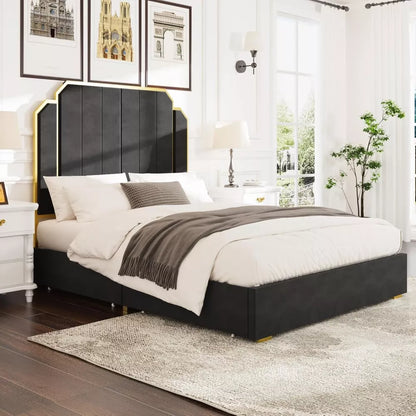Queen Platform Bed Frame with 59″ Velvet High Headboard, Gold Accent & Storage - DSARD