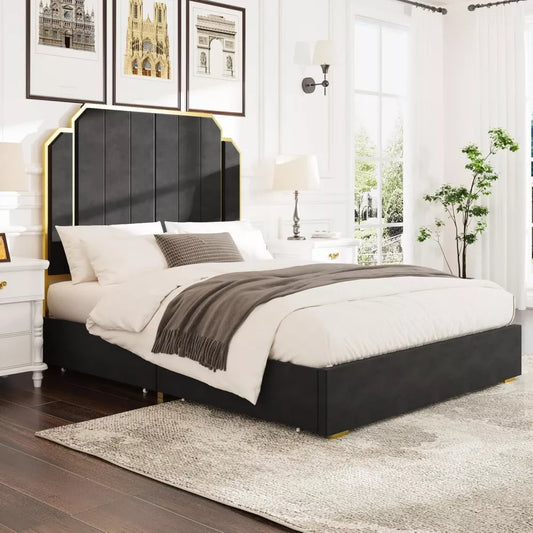 Queen Platform Bed Frame with 59″ Velvet High Headboard, Gold Accent & Storage - DSARD
