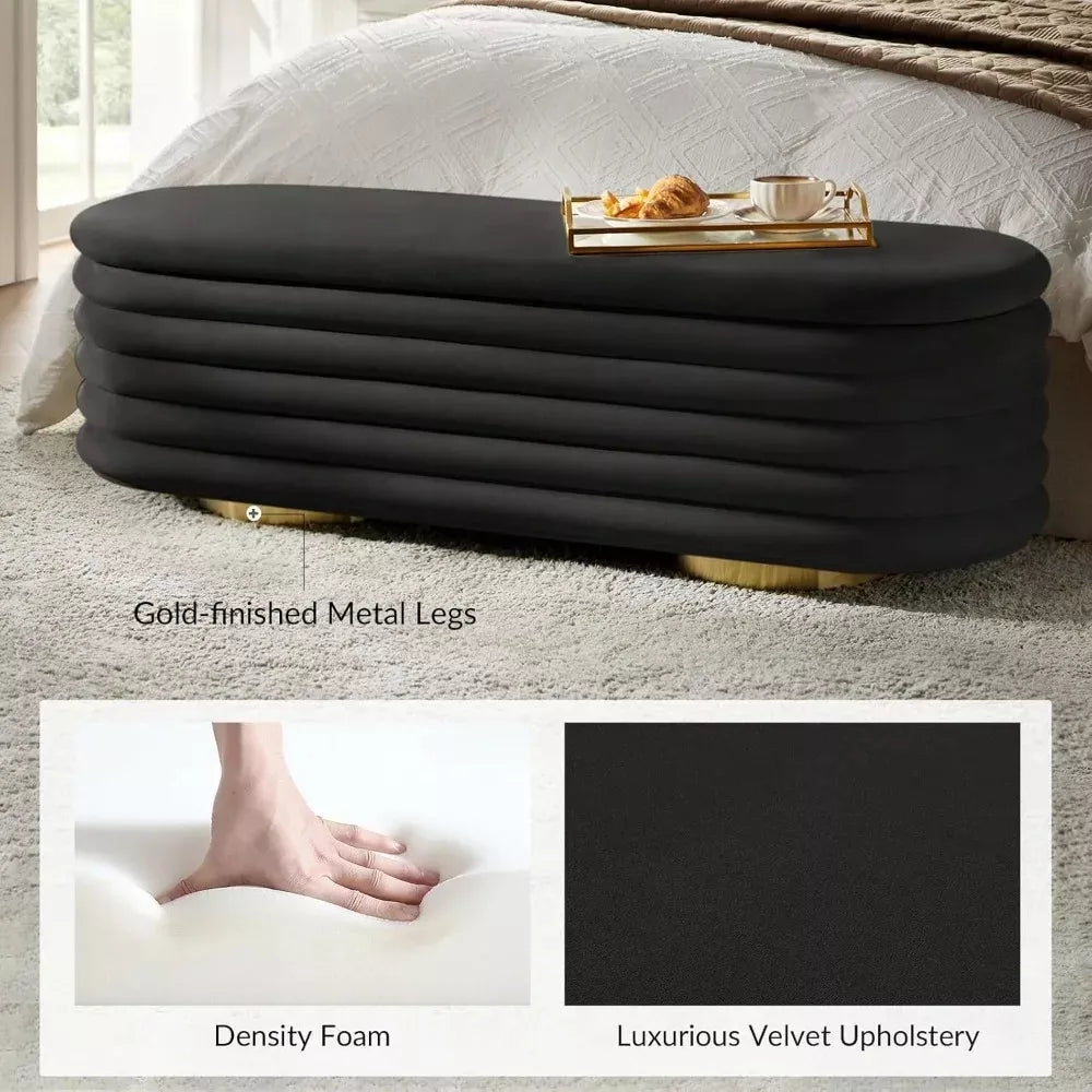 Large Velvet Storage Ottoman Bench with Tufted Design and Gold Legs - DSARD