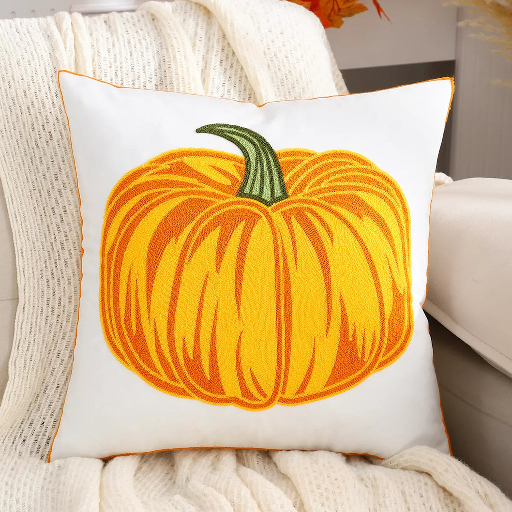 Velvet Pumpkin Throw Pillow Cover with Pumpkin Embroidery