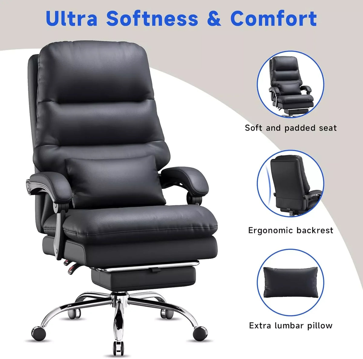 Ergonomic Office Chair with Footrest, Lumbar Support, PU Leather, 400LBS Capacity - DSARD - DSARD